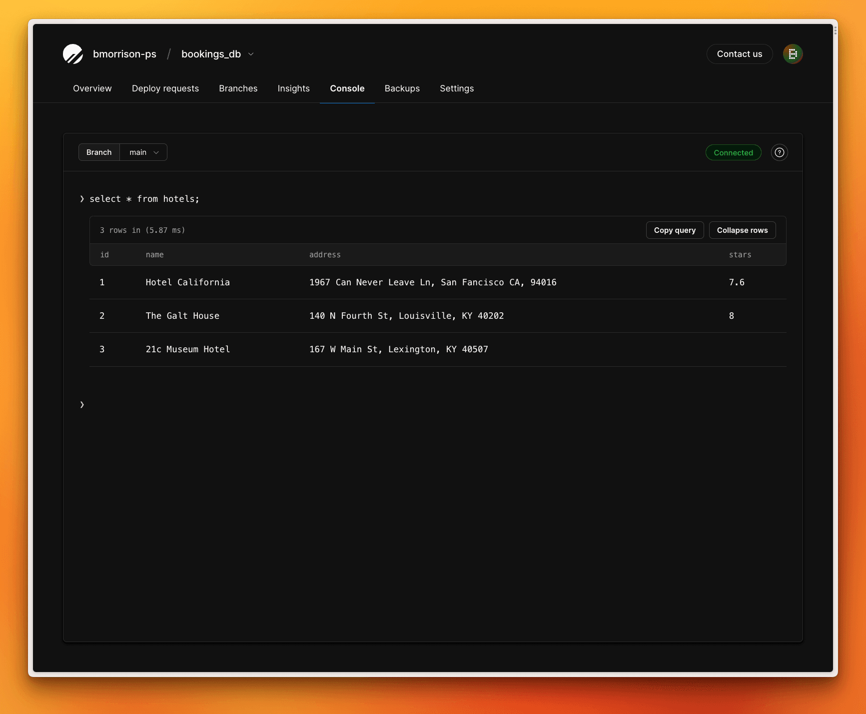 The PlanetScale console showing the synced data