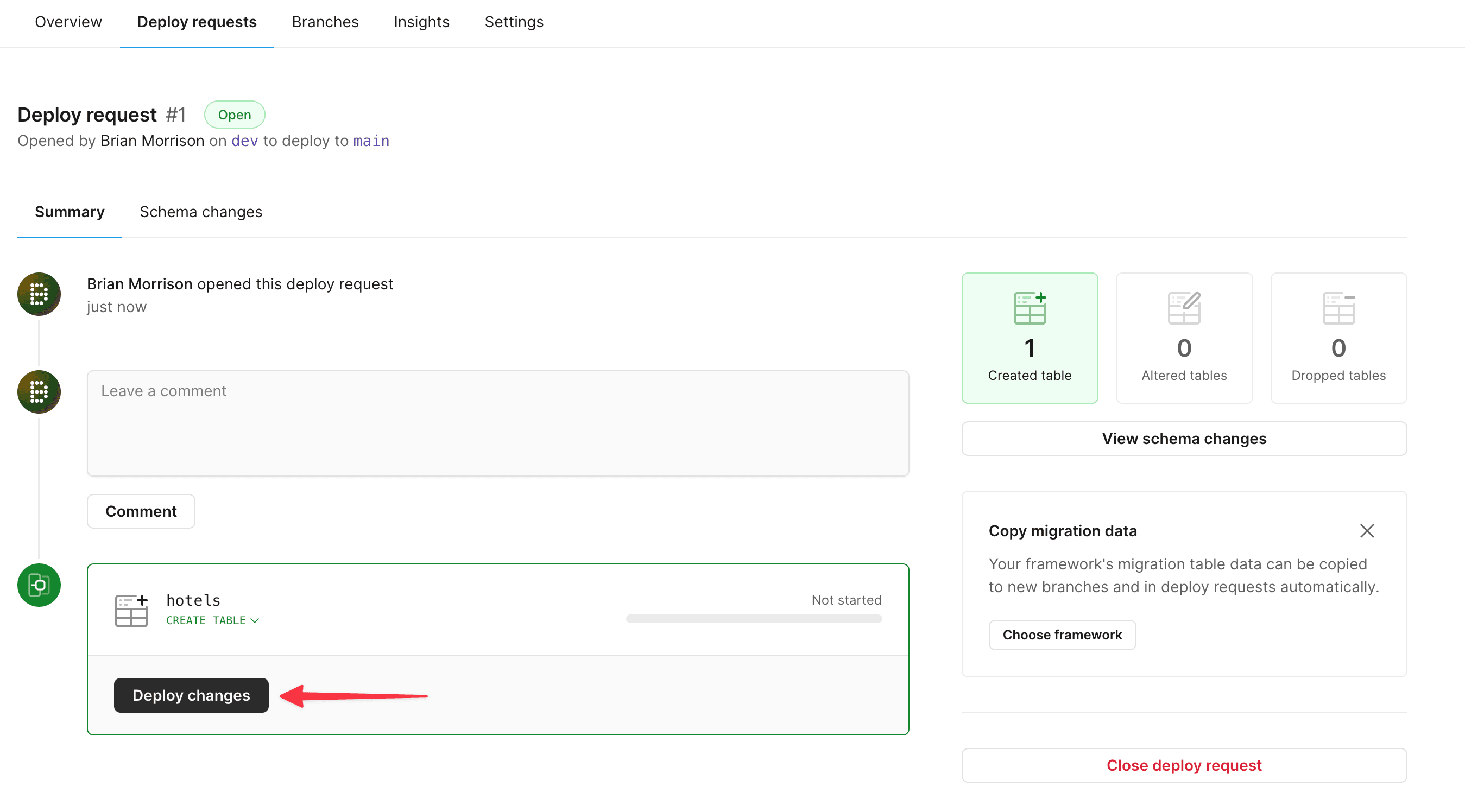 Deploy request #1 with Deploy changes highlighted.