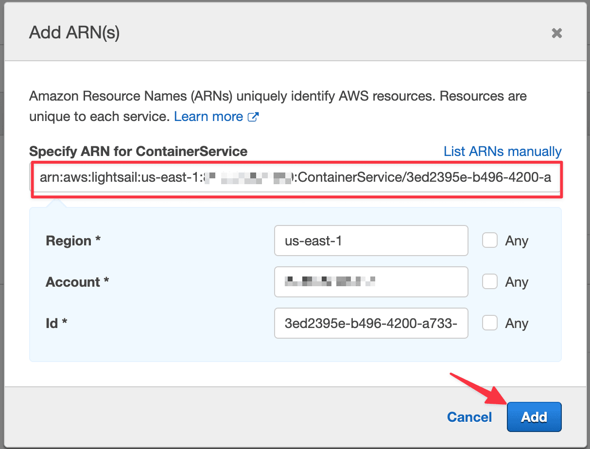 The Add ARNs modal for Lightsail.