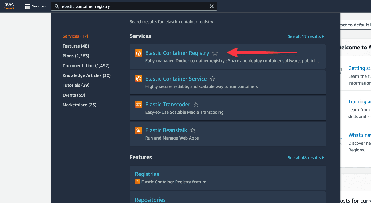 The AWS search with Elastic Container Registry shown.