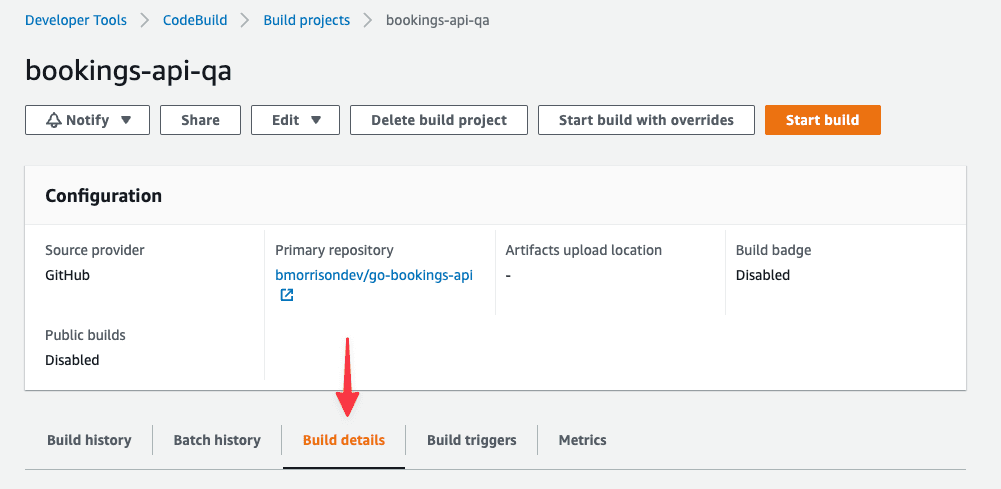 The bookings-api-qa project with the Build details tab highlighted.