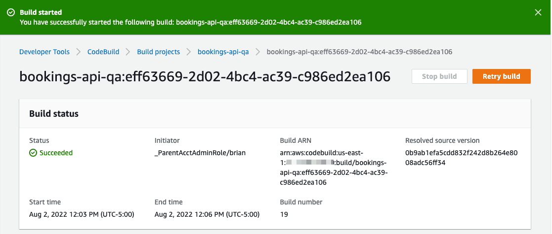 The Build status report for the latest build.