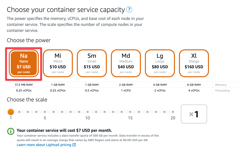 The Choose the power section of the Create container service form.