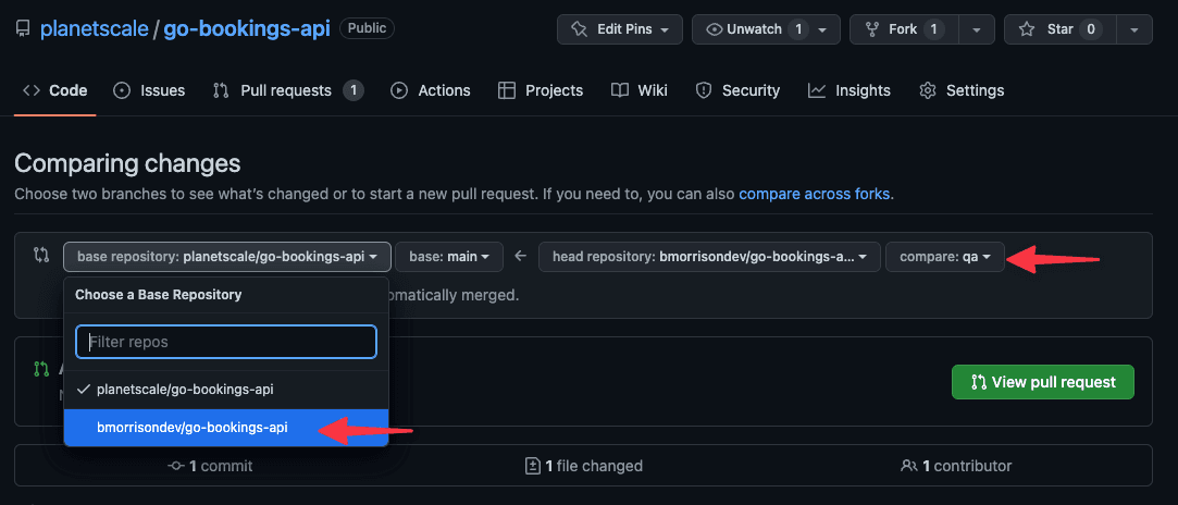 The Comparing changes view when creating a pull request in GitHub.