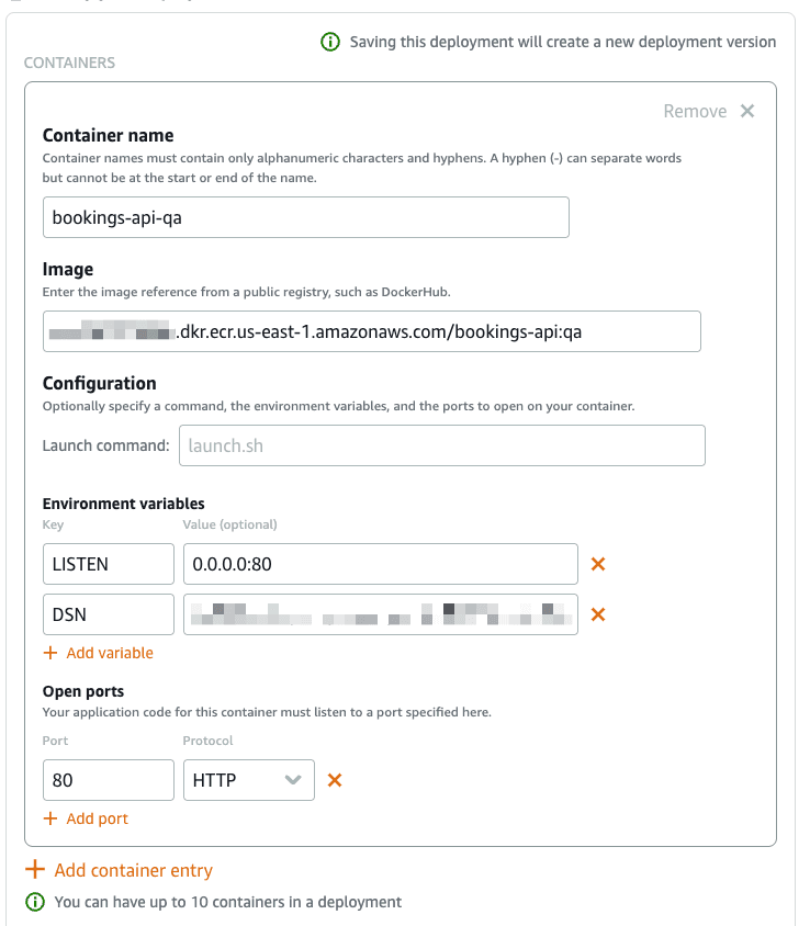 The Containers form, populated with data for the qa service.