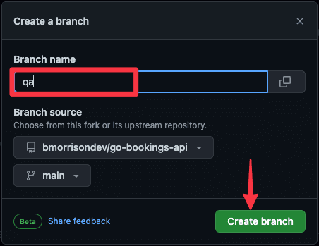 The Create a branch modal.