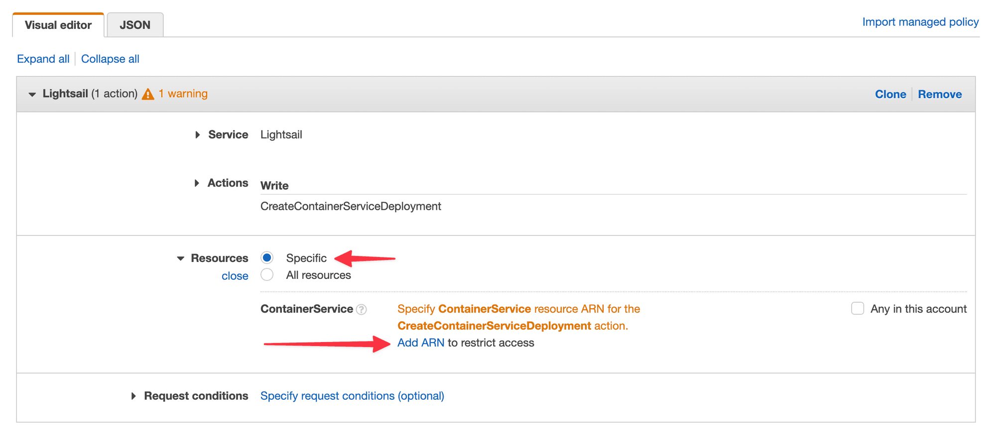 The Create policy form with the Resources section highlighted.