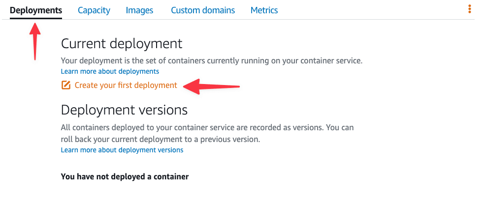 The Deployments tab of the container service.