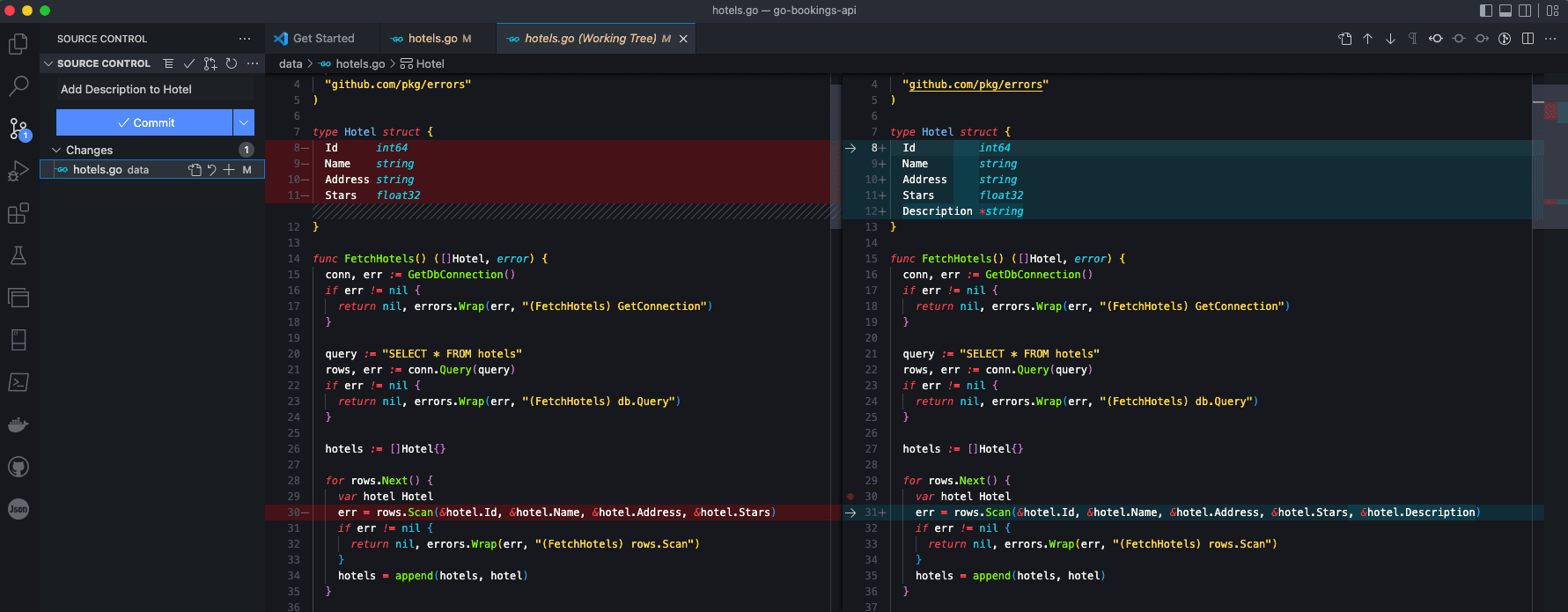 The diff of the updated data/hotels.go file in VSCode.