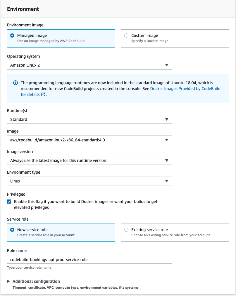 The Environment settings of the production CodeBuild project.