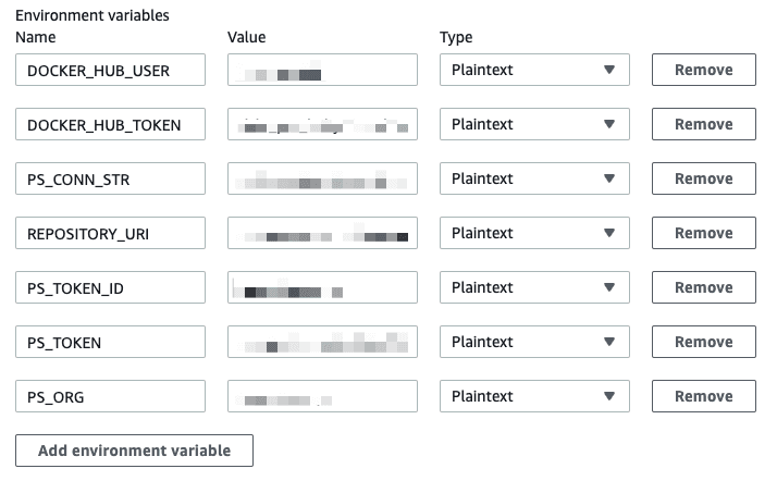 The Environment variables for the production CodeBuild project.