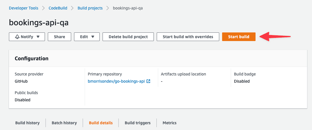 The header of the bookings-api-qa build with Start build highlighted.