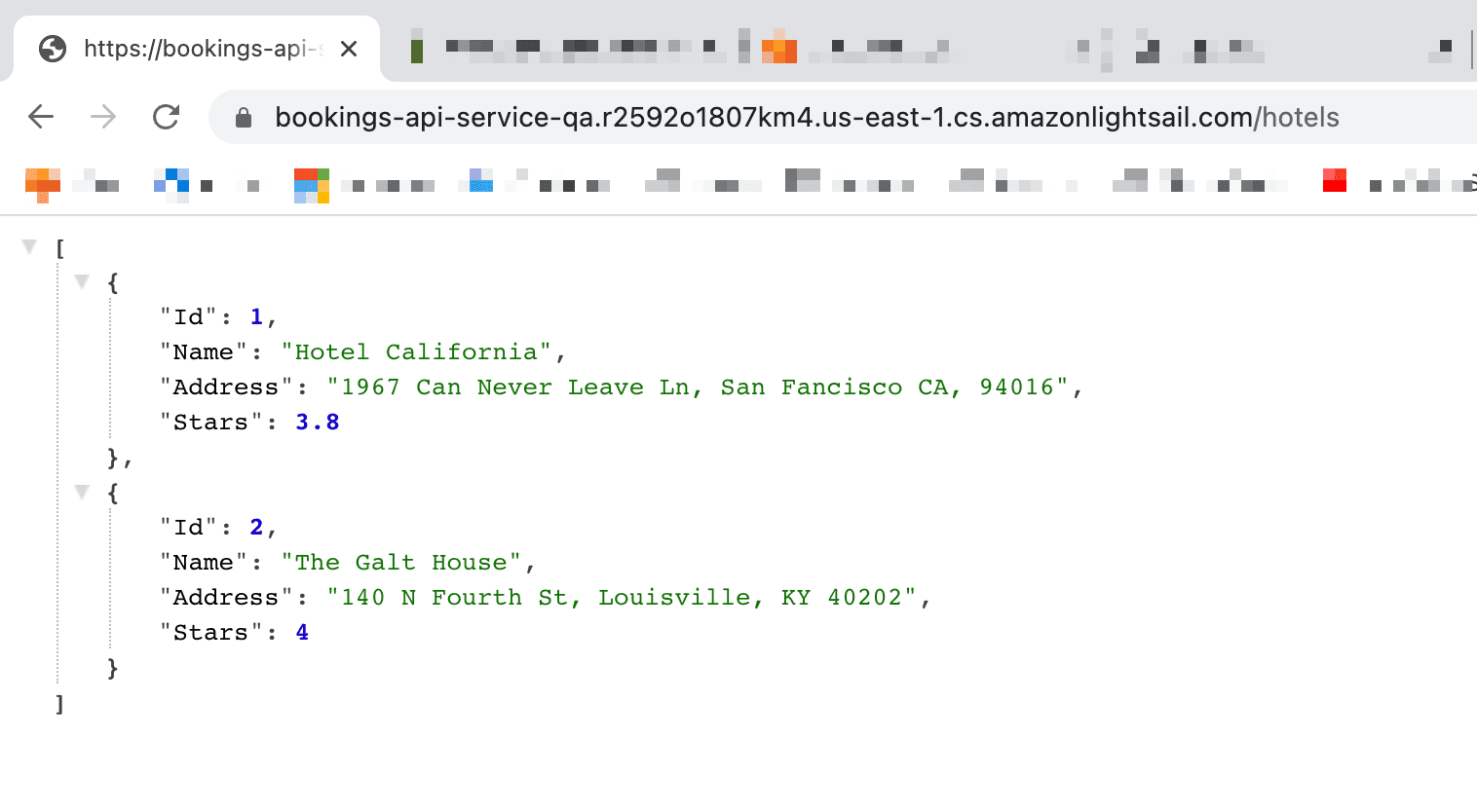 The output of the /hotels path of the qa container service.