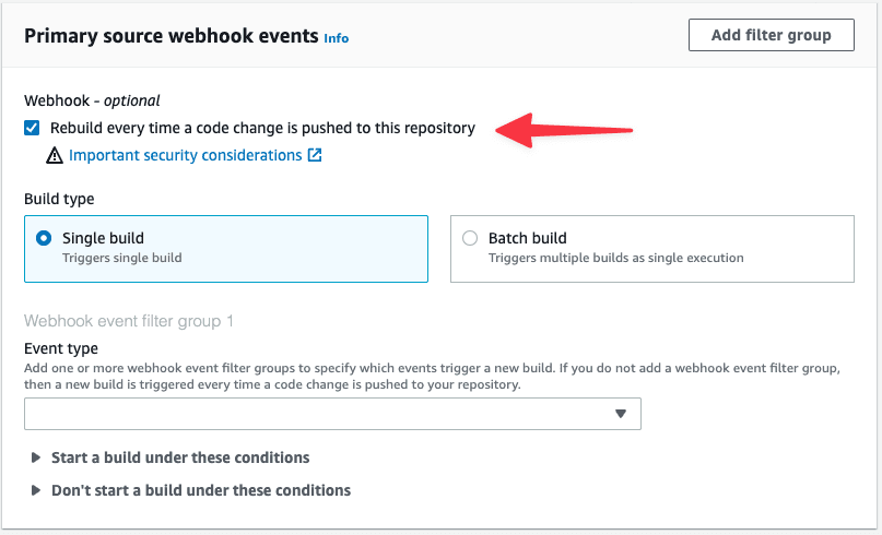 The Primary source webhook events section of the production CodeBuild project.