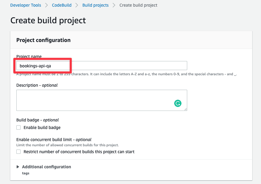 The Project configuration section of the Create build project form.