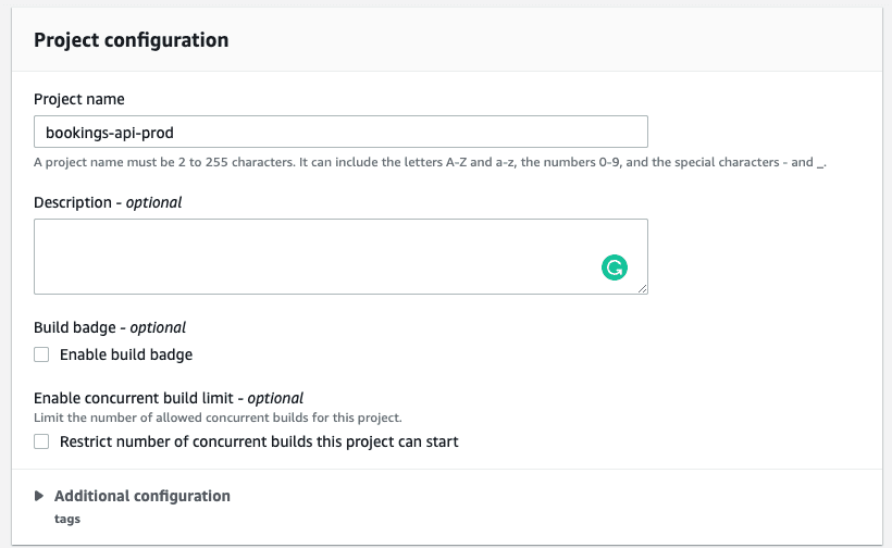 The Project configuration settings for the production CodeBuild project.