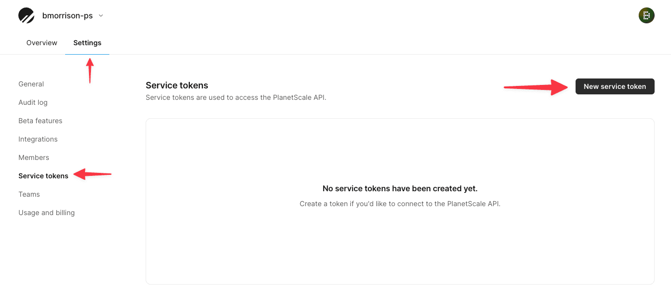 The Service tokens area of the Settings tab in PlanetScale.
