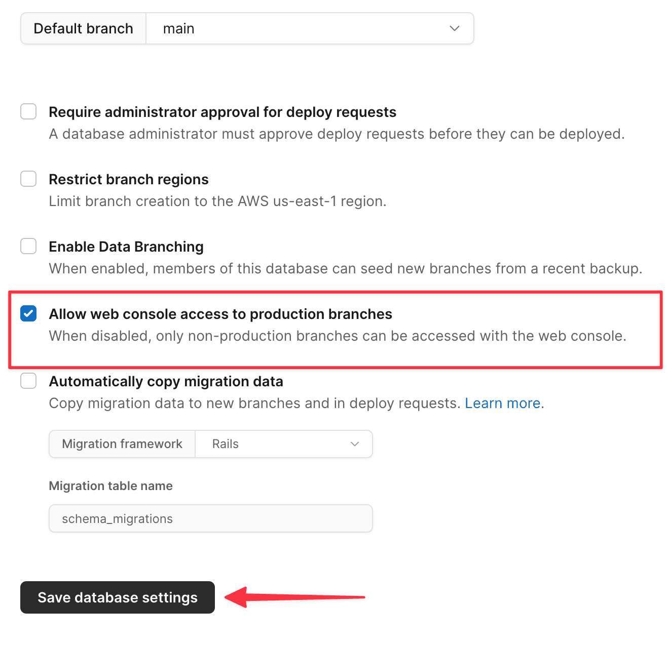 The Settings tab with Allow web console access option highlighted.