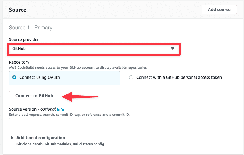 The Source section of the Create build project form.