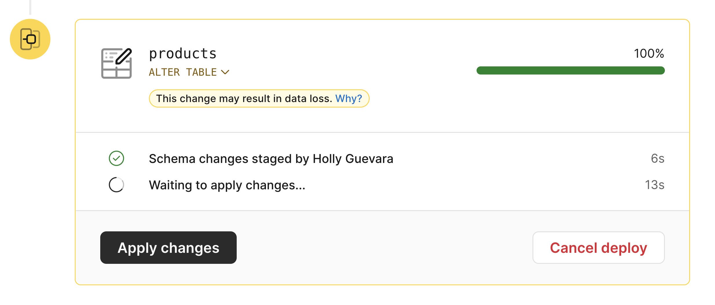 PlanetScale dashboard UI showing a completed migration that’s ready to merge once the "Apply changes" button is clicked.