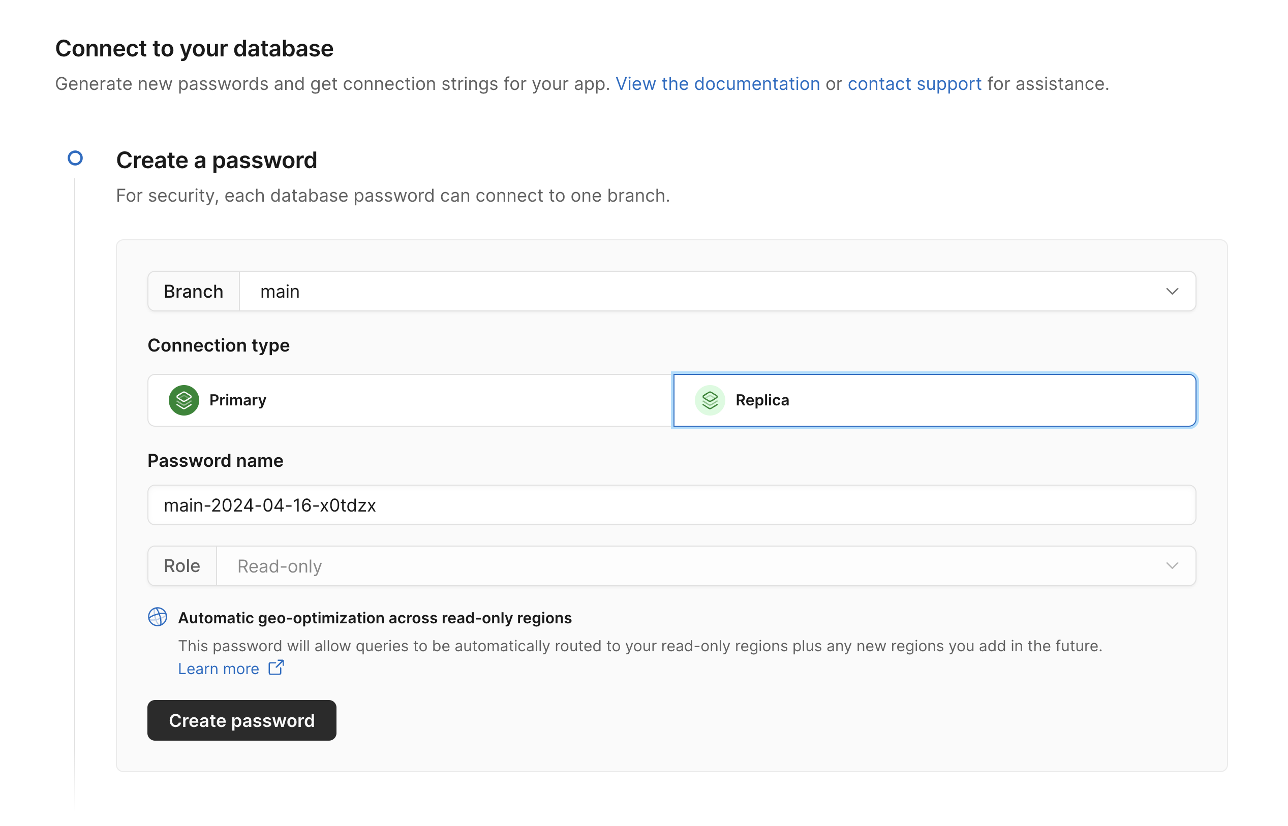 PlanetScale dashboard global replica credential creation