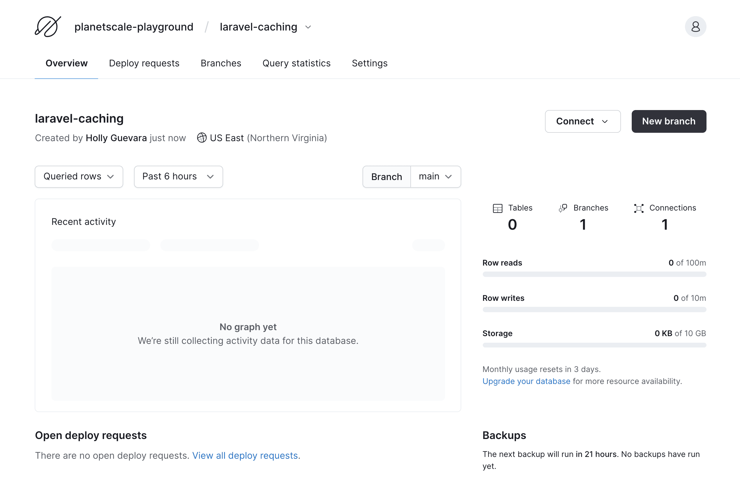 PlanetScale database overview page