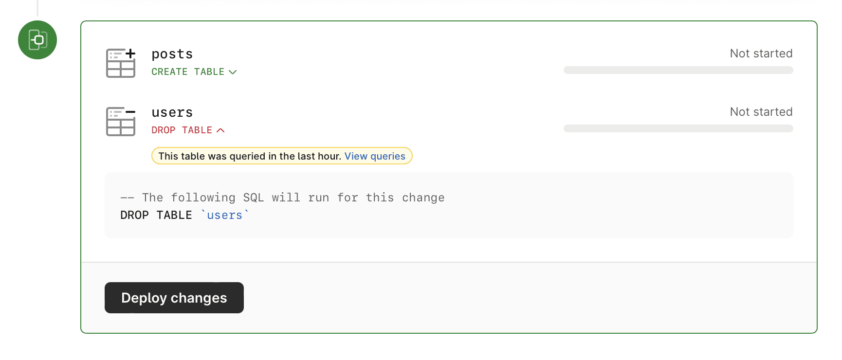 Deploy request drop table warning in PlanetScale dashboard