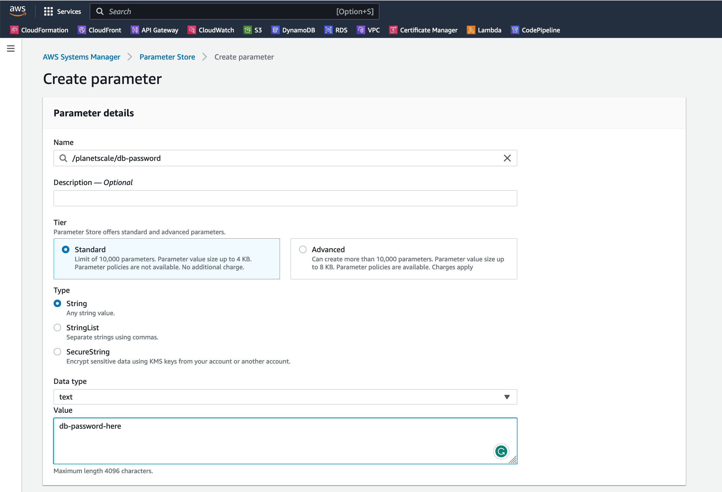 Create SSM parameter