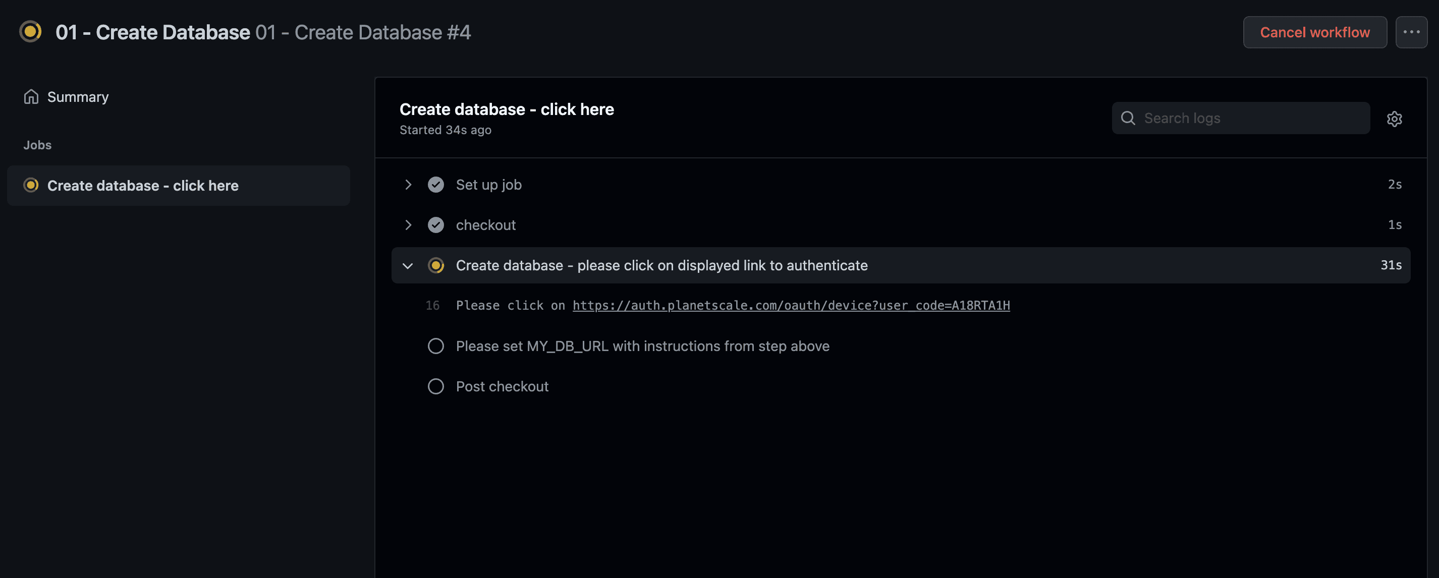 Showing the GitHub Actions workflow with the PlanetScale auth link