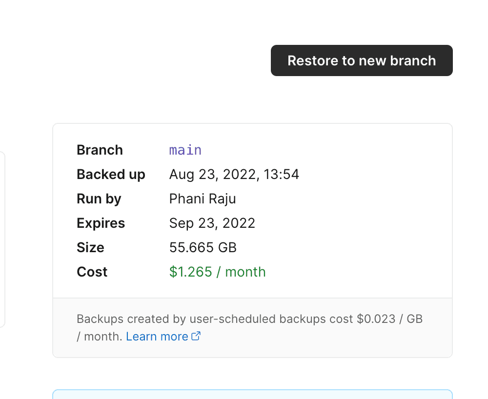 Monthly storage cost for a Manual backup