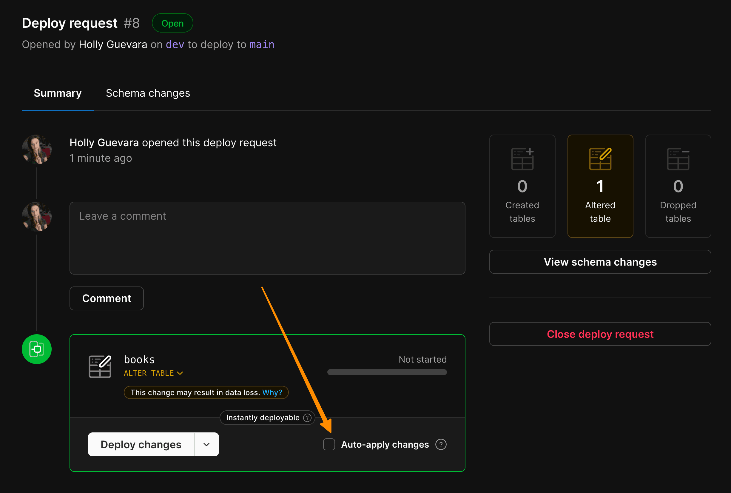 PlanetScale deploy request - Auto-apply changes checkbox unchecked