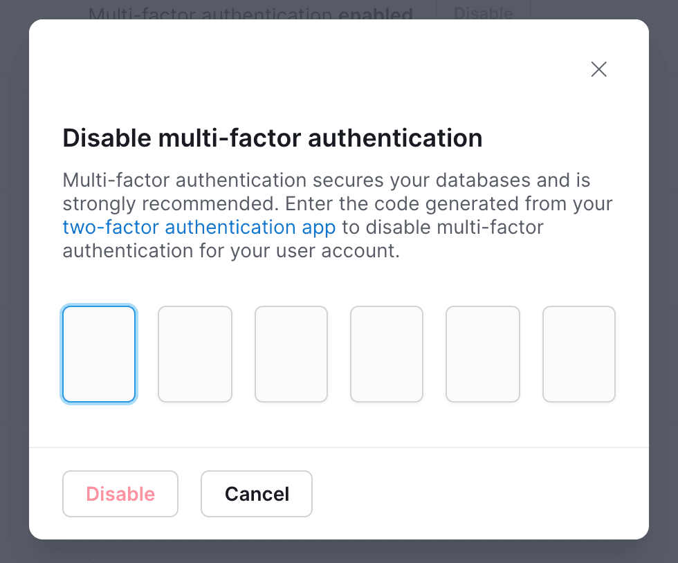 Disable MFA pop-up modal