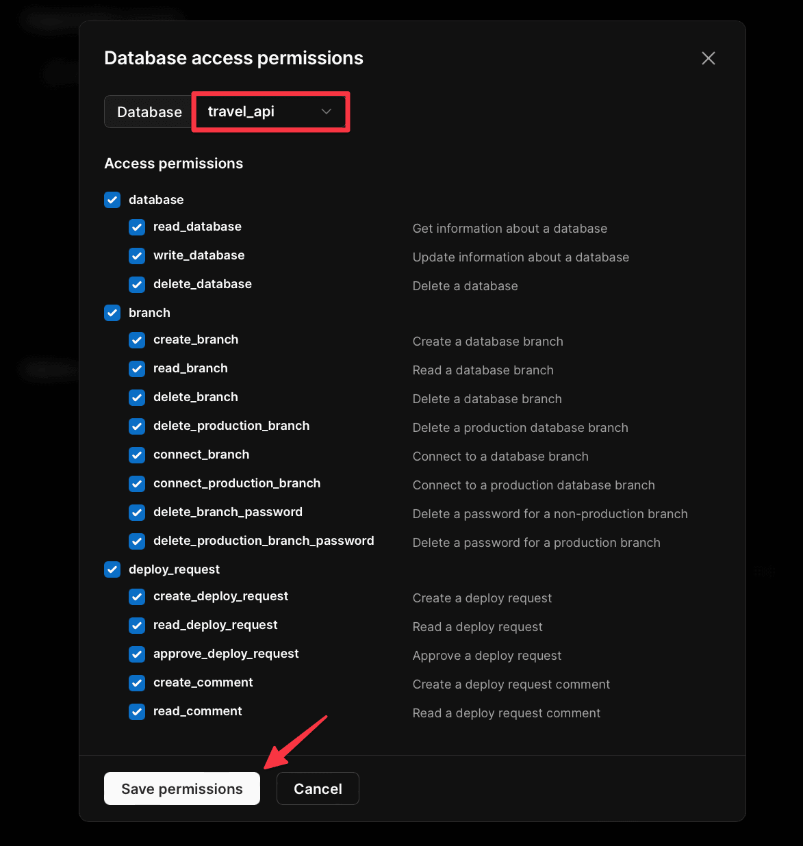 The Database access permissions modal.