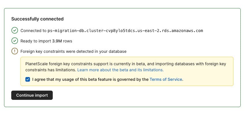 The box showing you are successfully connected, ready to import rows, and have foreign key constraints