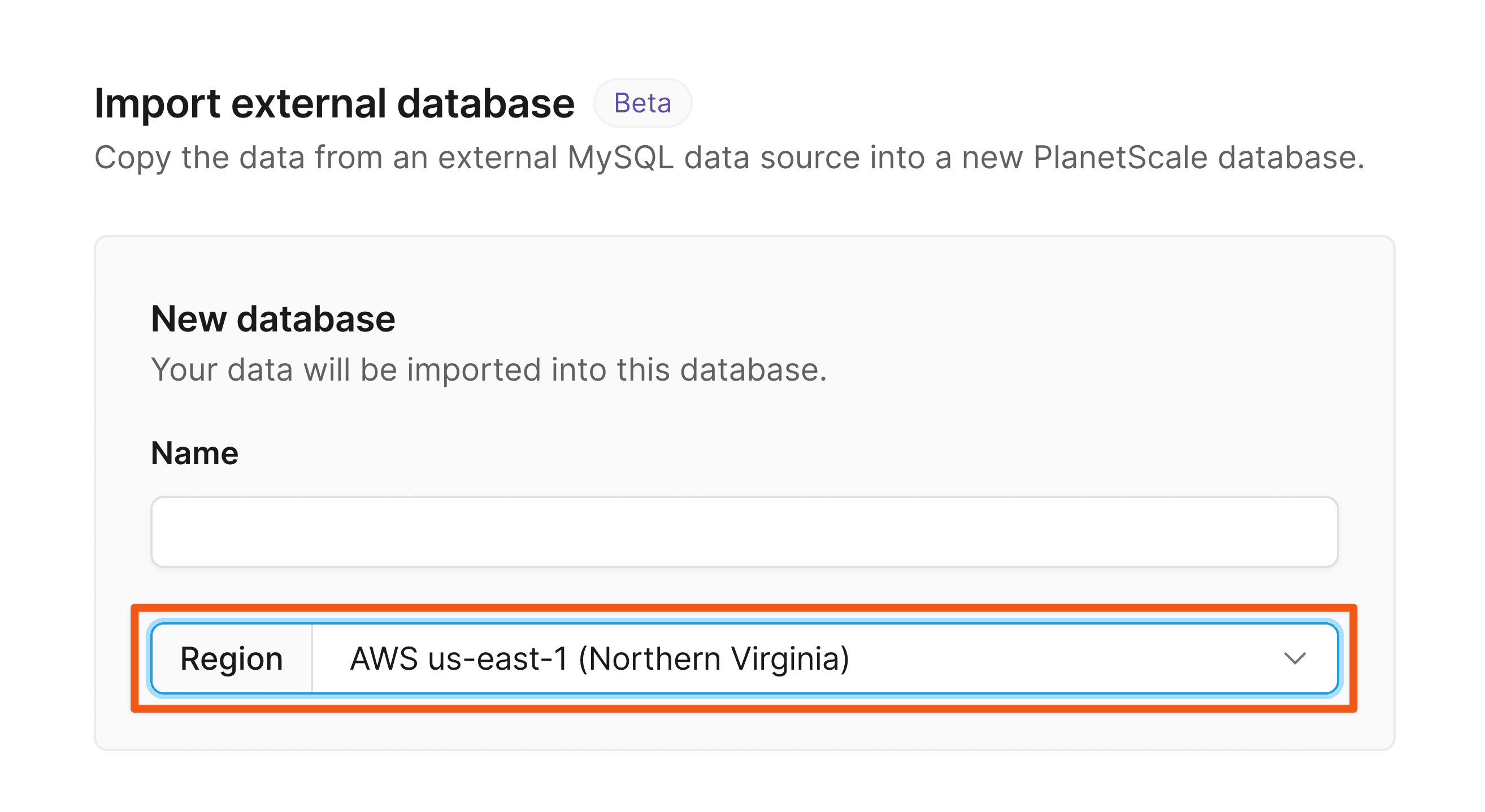 The New database section of the Import database tool.