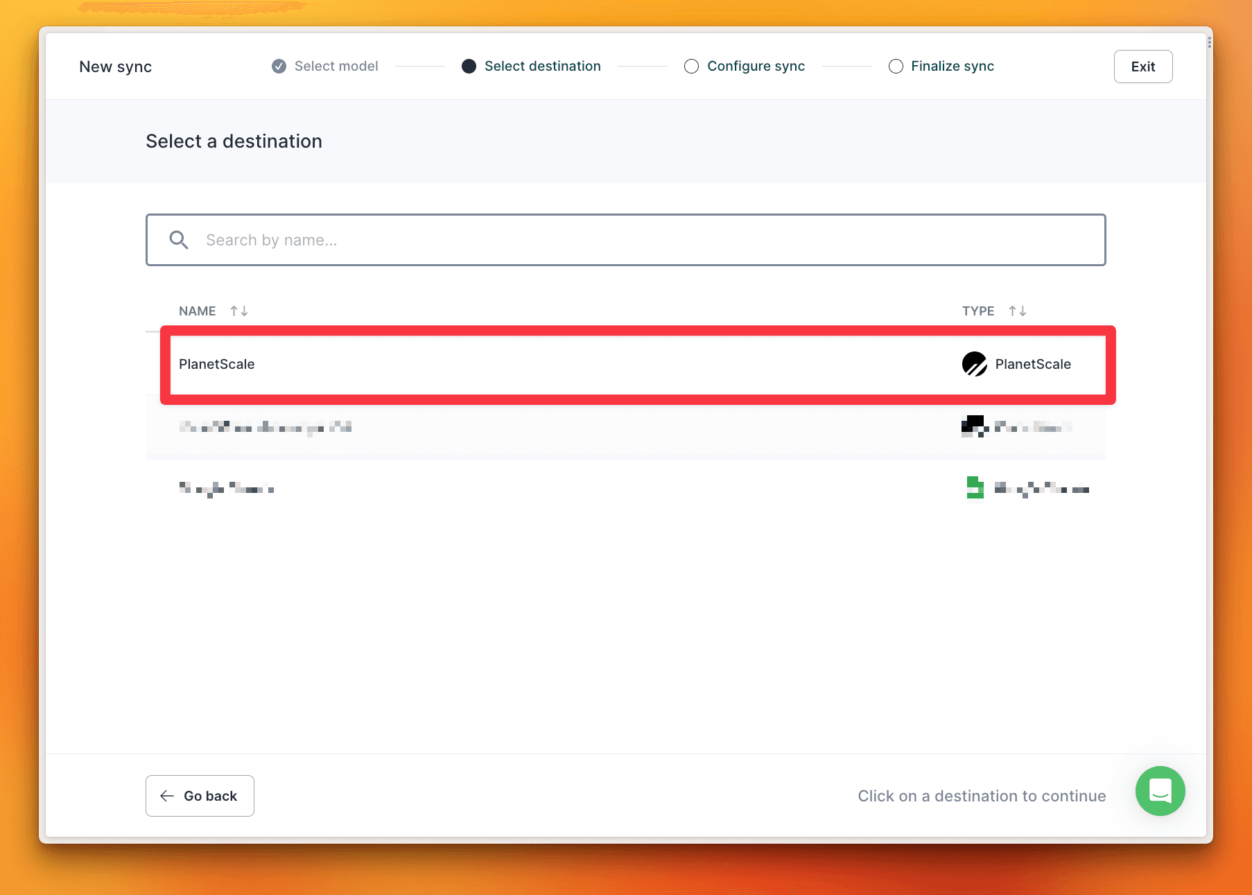 Select the PlanetScale destination