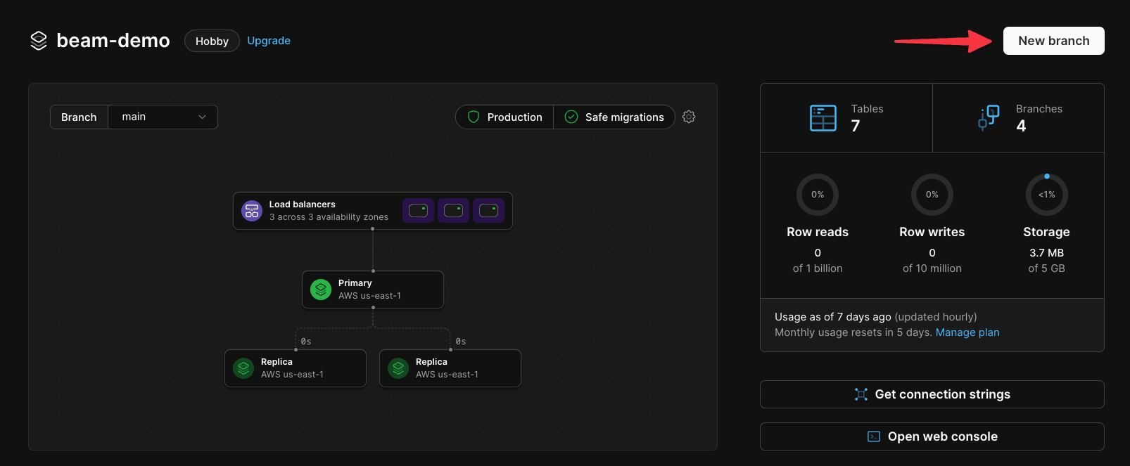 The production branch UI card with the Create new branch button highlighted.