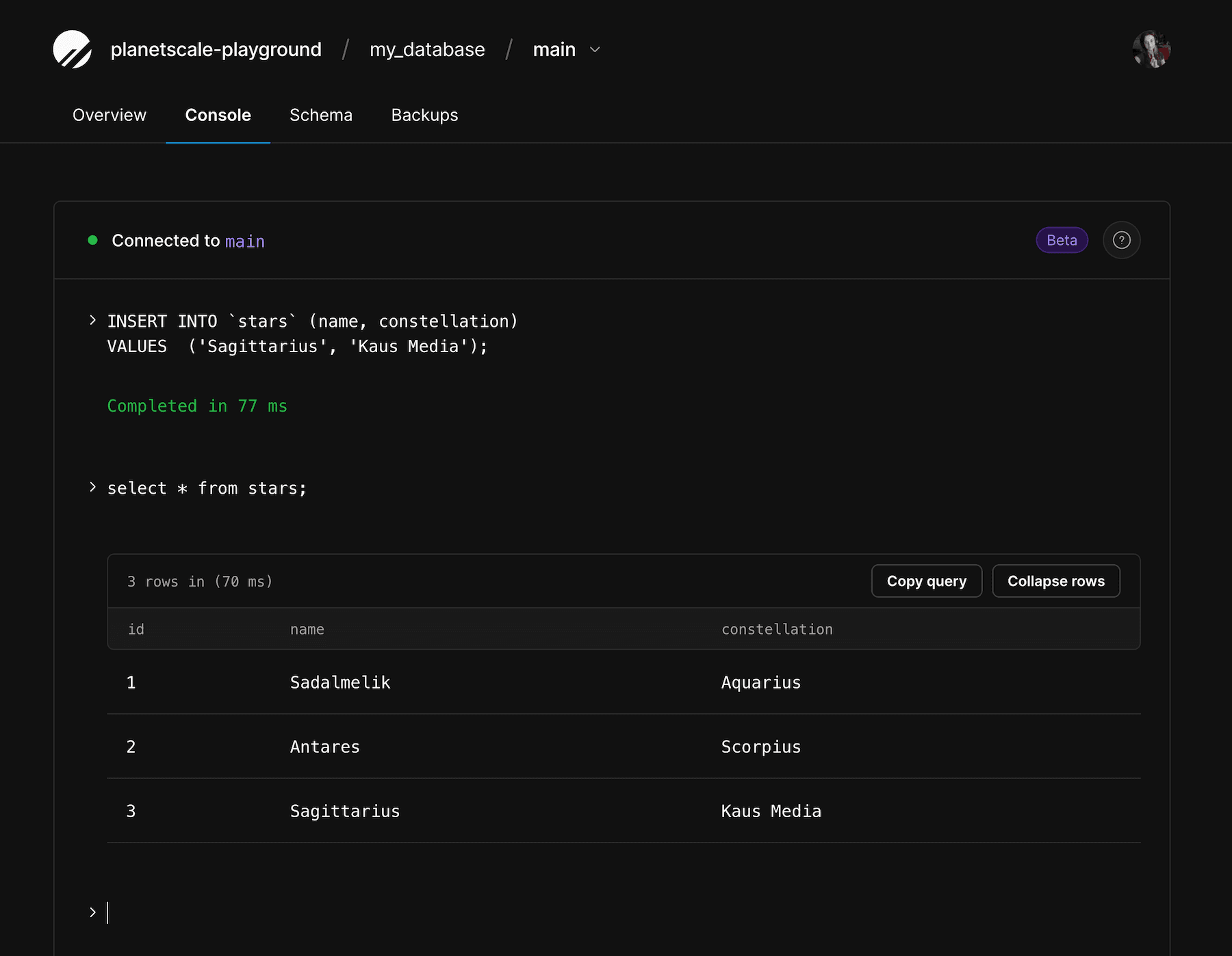 PlanetScale web console