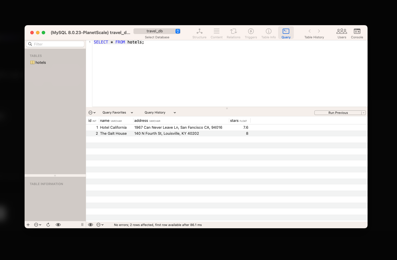 A sample query in Sequel Ace.