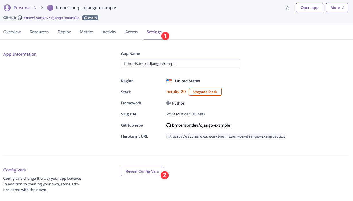 The Settings tab of the Heroku dashboard.