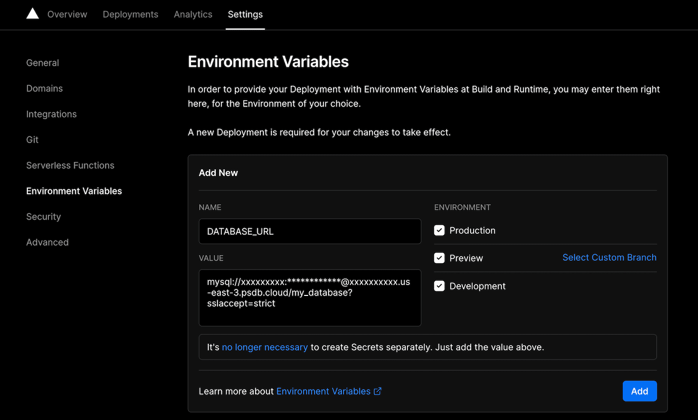 Vercel dashboard - Environment variables