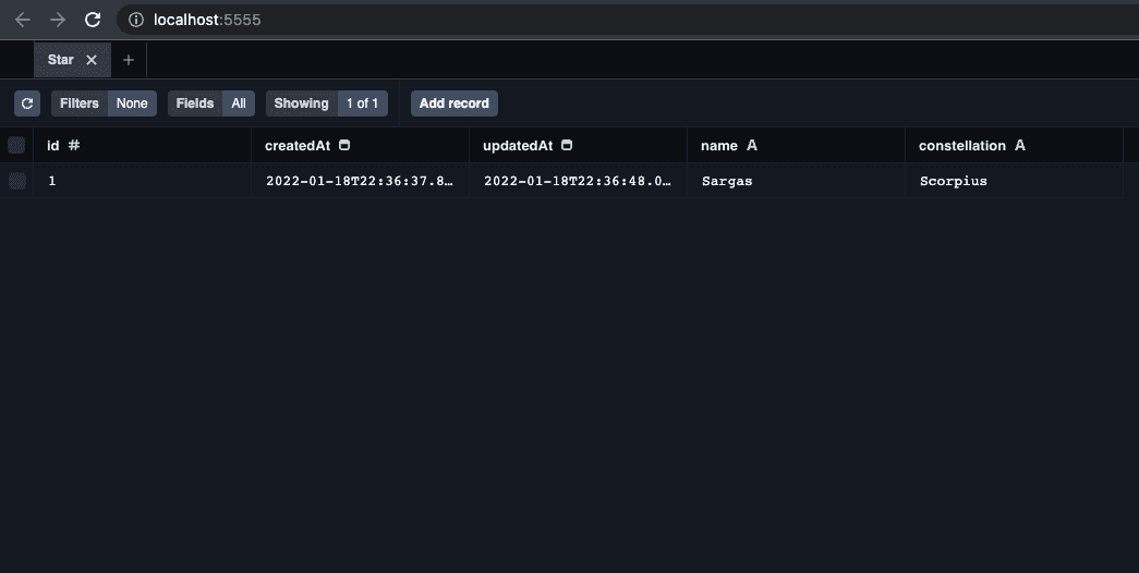 Prisma Studio showing the Star table with one record