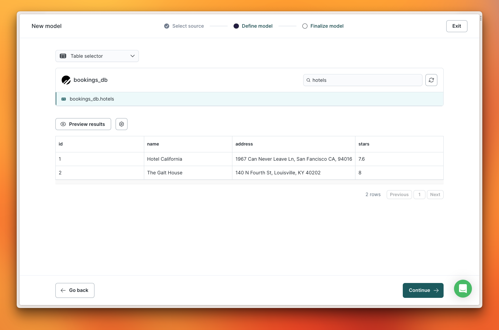 The database filtered to the hotels table