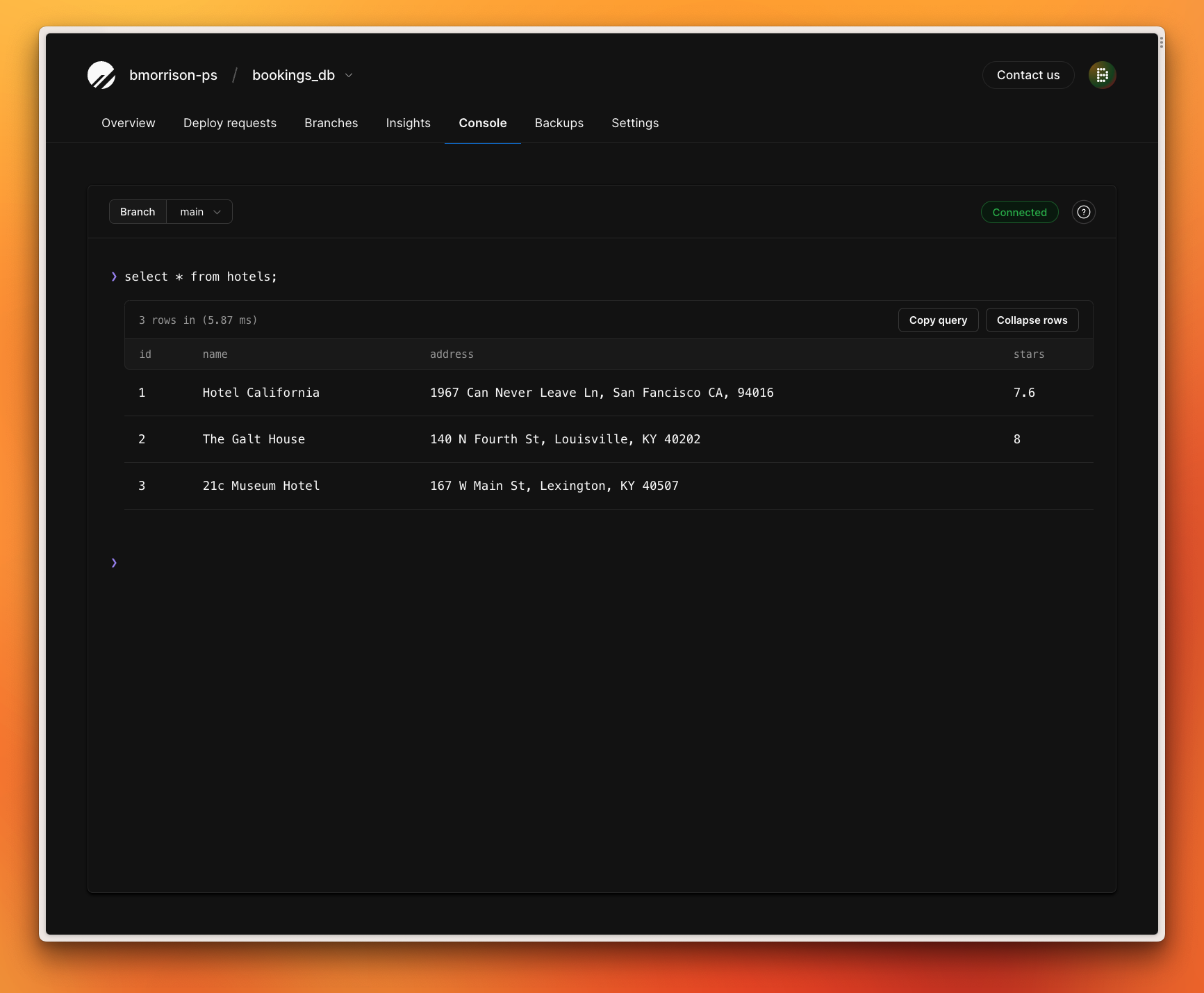 The PlanetScale console showing the synced data