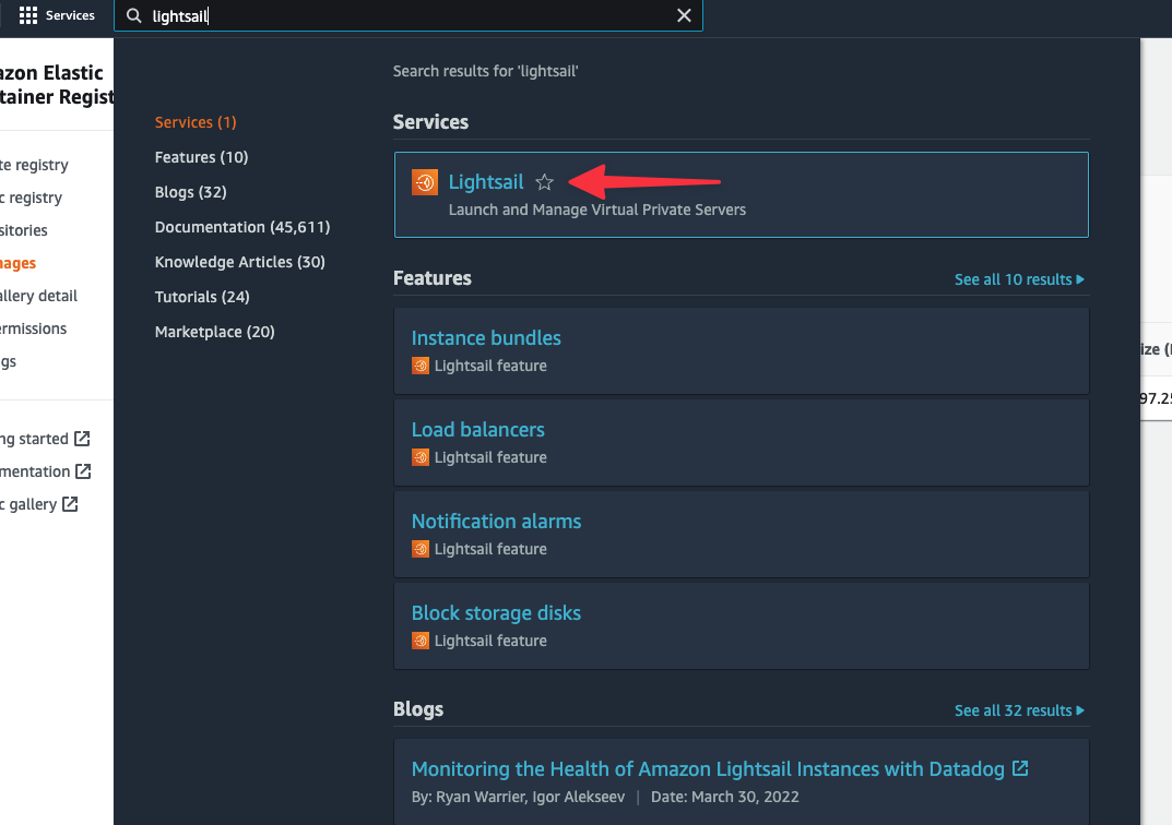 The AWS console with the Lightsail option.