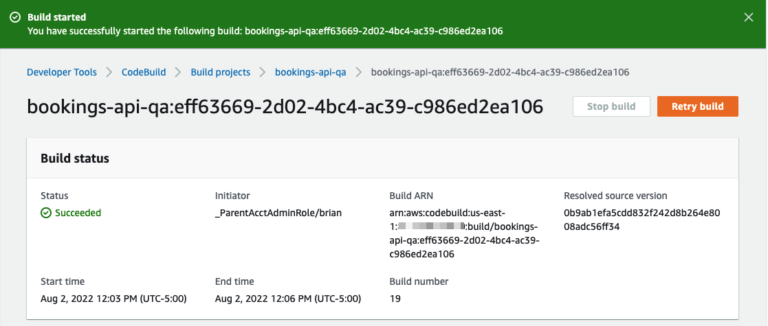 The Build status report for the latest build.