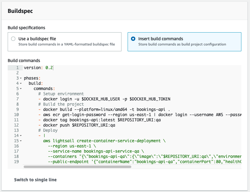 The Buildspec section of the Create build project form.