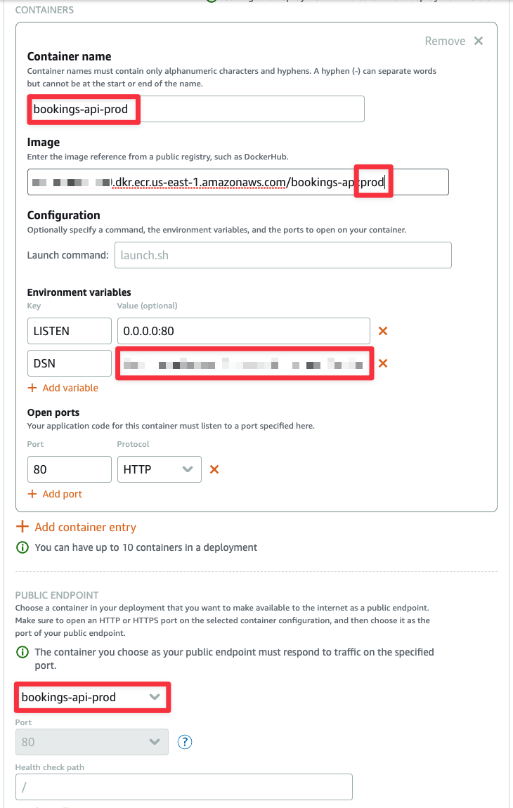 The Containers and Public endpoint sections of the production deployment