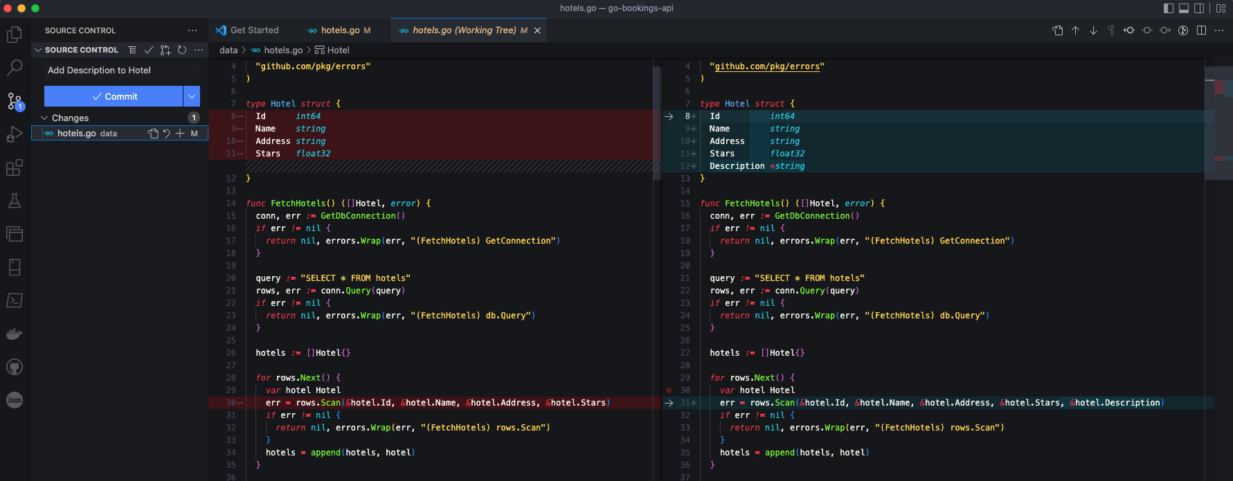 The diff of the updated data/hotels.go file in VSCode.