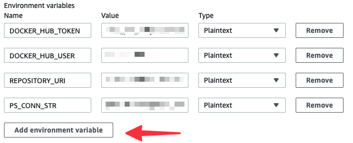 The Environment variables section with the necessary variables added.